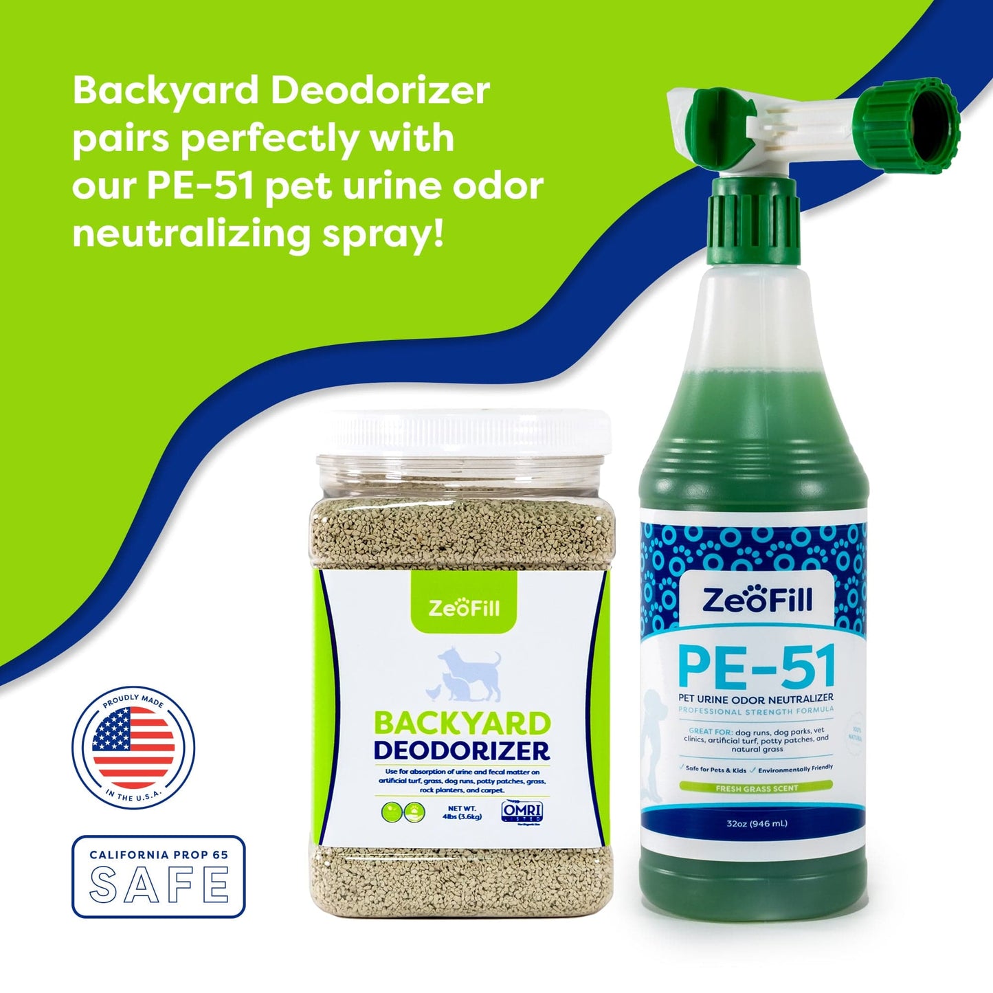 INFOGRAPHIC. "Backyard Deodorizer pairs perfectly with our PE-51 pet urine odor neutralizing spray!" Proudly made in the USA. California Prop 65 SAFE.