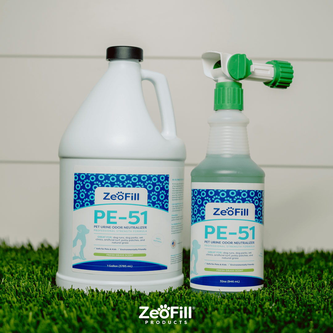 Image of PE-51 Bundle. PE-51 white Gallon next to PE-51 green 32oz bottle with spray nozzle attached.