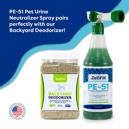 INFOGRAPHIC. "PE-51 Pet Urine Neutralizer Spray pairs perfectly with our Backyard Deodorizer." Proudly made in the USA. California Prop 65 SAFE.